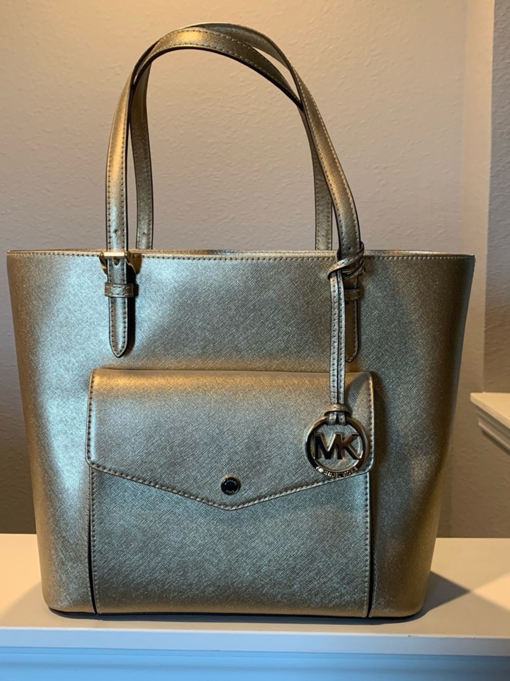 Michael Kors Metallic Gold Tote with Front Pocket and MK Charm